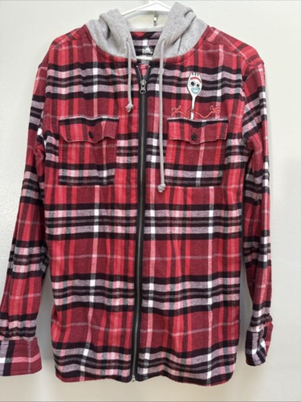 Disney Forky Red Plaid Flannel Hoodie Shirt XS Adult Toy Story 4